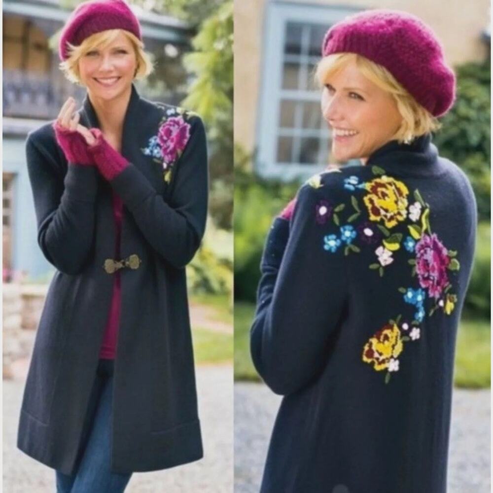 soft surroundings cape embroidered WOOL cardigan coat Floral romantic Boho S